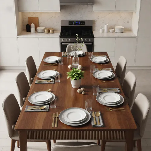 Vista 8 de Mesa de comedor de madera maciza de 39 pulgadas para 2-4, mesa rectangular moderna de madera real, diseño acanalado de mediados de siglo