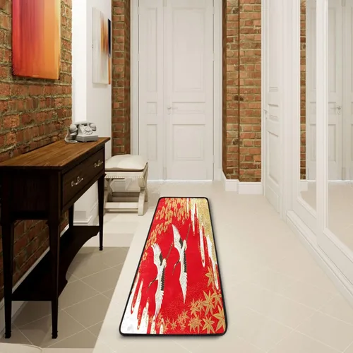 Vista 2 de Washable Runner Rug 2x6, Japanese Crane Gold Maple Leaves Non-Slip Modern Floor Carpet Area Rugs for Hallway Bedroom Kitchen Bathroom
