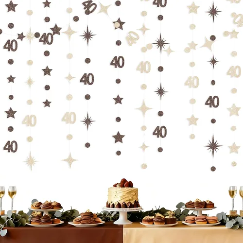 Vista 16 de Decoración de cumpleaños número 40 en negro, punto de círculo número 40, guirnalda de estrellas centelleantes metálica para colgar banderines