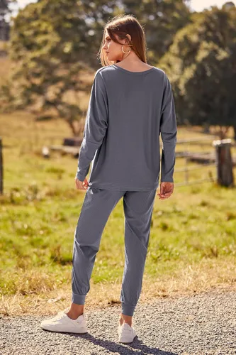 Vista 2 de PRETTYGARDEN - Conjunto de moda de 2 piezas para mujer, color liso, sudadera sin botones y de manga larga, pantalón largo
