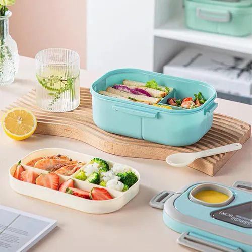 Vista 6 de Lonchera Bento para adultos, contenedor de ensalada grande de 43 onzas, bandeja estilo bento, recipiente de salsa de 3 onzas para aderezos y tenedor
