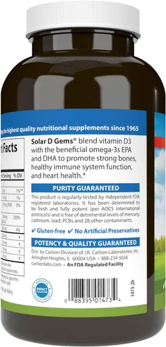Vista 3 de Carlson - Gemas solares D, suplemento de vitamina D3 y Omega-3, 2000 UI (50 mcg) de vitamina D3, 115 mg de Omega-3 EPA y DHA Suplemento, capturado