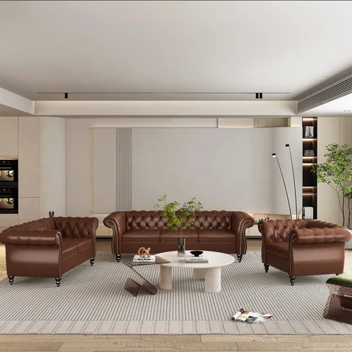 Vista 35 de Juego de 2 piezas para sala de estar, sofá loveseat Chesterfield de terciopelo con silla, brazos enrollados y tachuelas para sala de estar, oficina