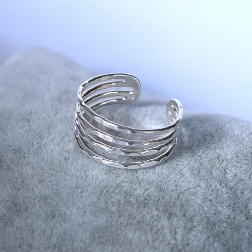 Vista 3 de Anillo ajustable abierto de plata hecho a mano, bolas, hoja, multibanda, plata de ley 925, tamaño 7, anillo de abrazo para mujer, pequeño y delicado