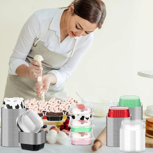 Vista 5 de Zhehao 120 tazas cuadradas de papel de aluminio para hornear, mini moldes para tartas, postres con tapas, forros para muffins, moldes desechables
