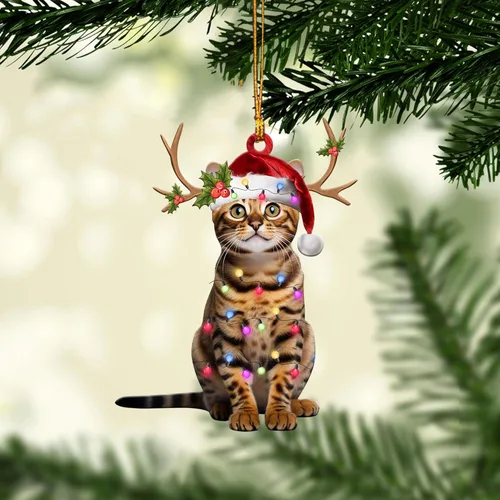 Vista 8 de Talataca Gato de Bengala Usando Sombrero de Navidad con Corona Accesorio 2D Plano para Espejo Retrovisor de Coche Adorno de Árbol de Navidad