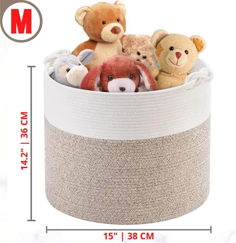 Vista 6 de MINTWOOD Design Cesta de almacenamiento de cuerda de algodón tejida de 15 x 14.2 pulgadas, cesta de juguetes de peluche, canasta de lavandería