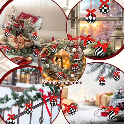 Vista 6 de Wettarn 24 adornos de Navidad de vidrio blanco y negro con lazo de vidrio a cuadros, bolas colgantes para árbol de Navidad con cuerda para decoración