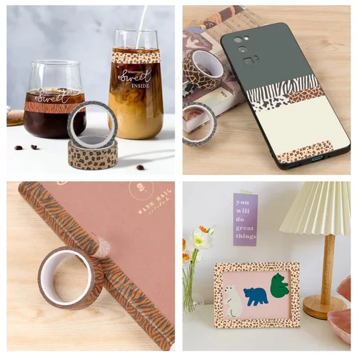 Vista 6 de DREMISI 6 rollos de calcomanías de cinta washi con estampado de animales, guepardo, vacas, cebra, jirafa, leopardo, cinta adhesiva decorativa