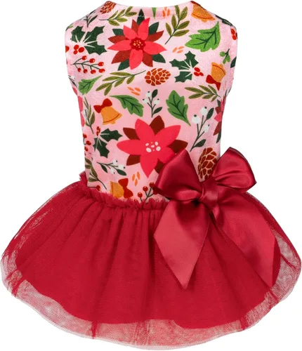 Vestido de tutu con flores navideñas para perros Fitwarm, elegante ropa de invierno para perritas pequeñas, atuendo festivo para mascotas, rojo,