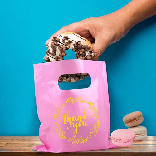 Vista 4 de TOSPARTY 100 piezas 3 tamaños Bolsas de mercancía de plástico con asas Bolsas de compras con mensaje de agradecimiento Bolsas de venta al por menor