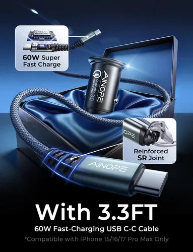 Vista 7 de AINOPE Cargador de coche de 67.5 W USB C de carga rápida para iPhone 17 Pro Max, PD 45 W USB C cargador de coche carga rápida 【Mini