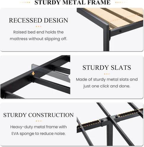 Vista 5 de SHA CERLIN Base de cama tamaño King con estante de cabecera y base de metal resistente, no necesita somier, color marrón