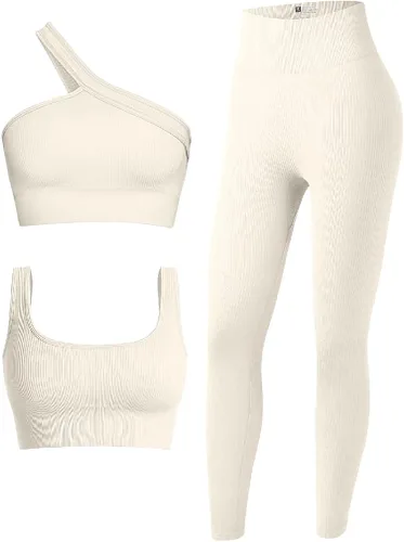 OQQ Conjunto deportivo de 3 piezas para mujer, acanalado, sin costuras, cuello redondo, brasier deportivo con un hombro, cintura alta, leggings