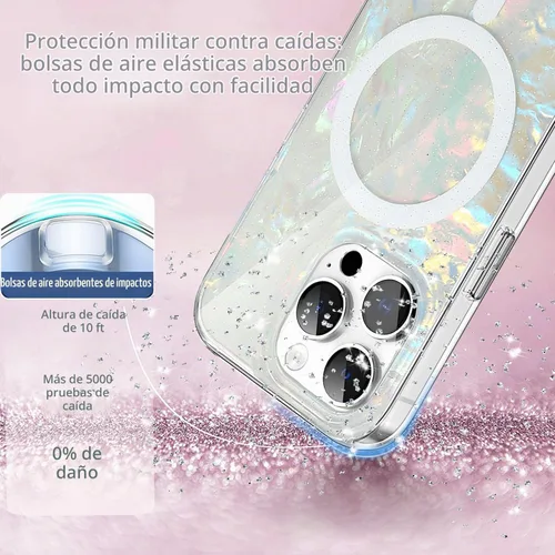 Vista 6 de Funda MagSafe para iPhone 15 Pro para mujeres y niñas, funda magnética iridiscente con purpurina iridiscente de ópalo perlado