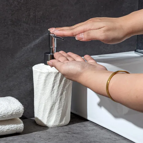 Vista 7 de Juego de accesorios para baño, 4 piezas de aspecto moderno de piedra con dispensador de jabón líquido de 11.5 OZ, vasos, soporte para cepillos