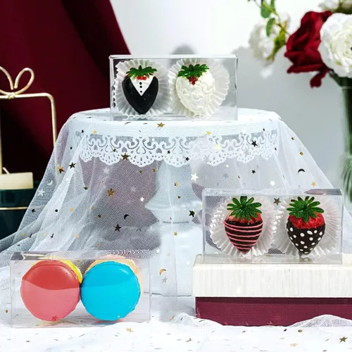 Vista 6 de RomanticBaking Paquete de 50 cajas de fresas cubiertas de chocolate transparente de 4 1/2 pulgadas x 2 1/4 x 2 pulgadas para 2 cajas de macarrón