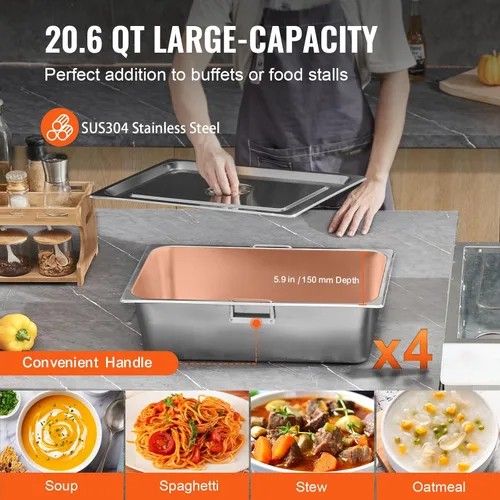 Vista 4 de Vevor - Calentador de alimentos comercial de 2 bandejas, mesa de vapor eléctrica de 2 x 20.6QT, calentador de alimentos para buffet de catering