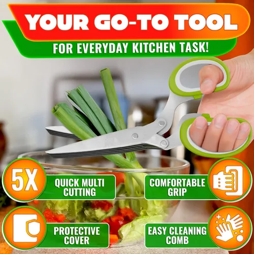 Vista 4 de Tijeras de hierbas con 5 cuchillas y tapa, cortador de hierbas de acero inoxidable con mango ergonómico y cepillo de limpieza, diseño apto