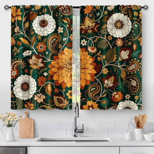 Aimego Cortinas de cocina bohemias con estampado floral, estilo bohemio, tropical, rústico, retro, con flores, cafetería, granja, pequeñas cortinas