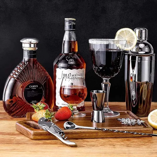 Vista 4 de Kit de camarero con soporte, juego de coctelera de acero inoxidable con herramientas de barra de acero inoxidable, para regalo de Navidad, hogar