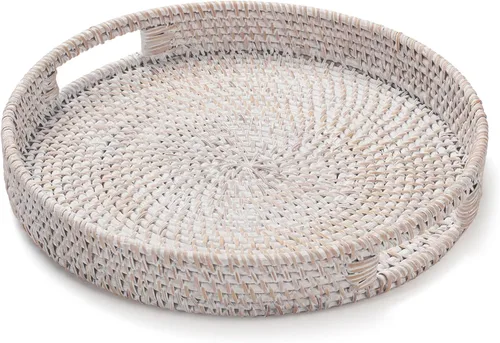 Vista 8 de Bandeja redonda de ratán, bandeja decorativa para mesa de café, cesta otomana tejida a mano con asas, cesta de mimbre para servir frutas/pan, 11.8