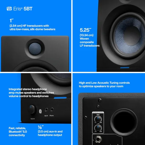 Vista 4 de PreSonus Eris 5BT - Monitores de estudio Bluetooth con Bluetooth, par de altavoces de estantería de 5.25 pulgadas, estéreo, computadora