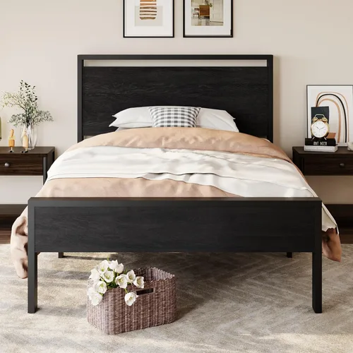 Vista 3 de SHA CERLIN Base de cama de plataforma metálica de tamaño individual de 14 pulgadas con cabecera y estribo de madera, base de colchón, no necesita