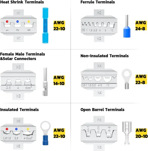 Vista 2 de haisstronica Kit de herramienta de crimpado de 6 en 1 y pelacables, crimpadora de alambre de carraca con 6 piezas de matrices intercambiables