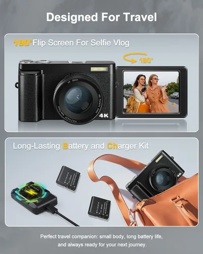 Vista 4 de Cámara digital 4K, cámara de enfoque automático de 48 MP para fotografía con pantalla abatible de 180° de 3 pulgadas, zoom 16X, flash, tarjeta de 32