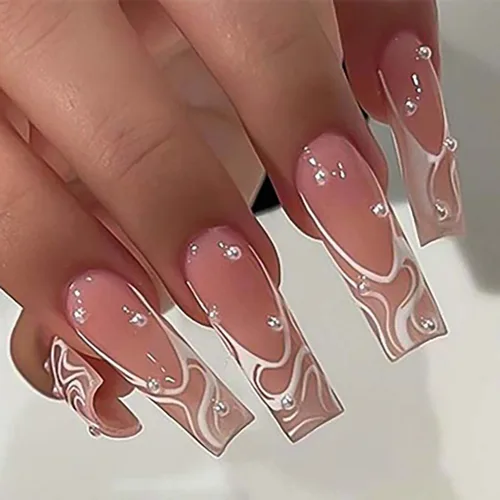 RikView Uñas postizas cuadradas a presión, uñas postizas largas, puntas francesas, uñas rosadas, uñas cuadradas brillantes para mujeres, 24 unidades