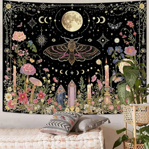 Vista 14 de Lunerfex Tapiz de pared del árbol de la vida, polilla celestial y sol para colgar en la pared para dormitorio y sala de estar, tapices de decoración