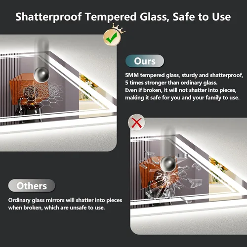 Vista 7 de Espejo de baño LED de 48 x 30 pulgadas con luces, retroiluminado + frontal iluminado, espejo de tocador con luz antiniebla para pared de baño con 3