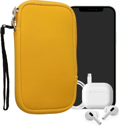 Vista 12 de kwmobile Bolsa de neopreno para teléfono tamaño XL - 6.7/6.8 pulgadas - Funda universal para celular con cremallera, correa para la muñeca, amarillo