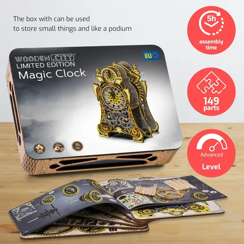 Vista 5 de WOODEN.CITY Magic Clock LE - Rompecabezas de madera 3D para adultos, construye tu propio reloj con motor de banda de goma, modelo de autoensamblaje