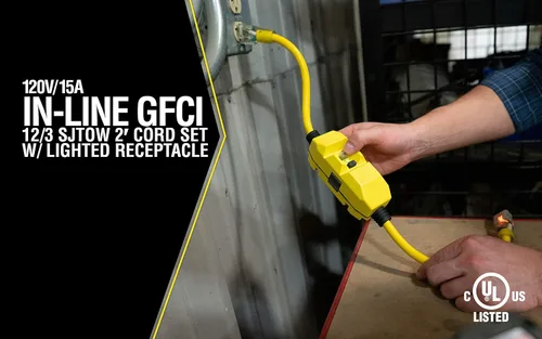 Vista 2 de Woods 2817 Jacket Contractor Grade SJTW Cable de extensión súper flexible con Gfci en línea y extremo aligerado 3 12 Awg 15 A 1-Outlet Amarillo
