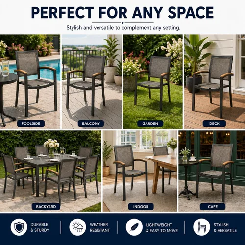 Vista 8 de LUCKYERMORE Juego de 2 sillas de comedor de metal para patio con brazos al aire libre, aleación de aluminio resistente y asiento de malla cómodo 2