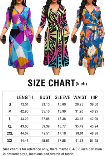 Vista 6 de Runwind Vestido midi para mujer, mangas 34, cuello en V, vestido de cóctel para fiesta, con curvas, sexy, estampado geométrico con cinturón