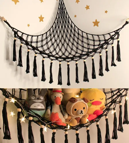 Vista 8 de Hamaca de Almacenamiento de Juguetes de Animales de Peluche con Luz LED - Decoración Organizadora de Muñecas Jumbo de Macramé para Esquina