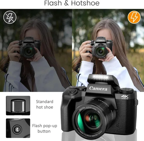 Vista 5 de Saneen Cámara digital, cámaras 4K para fotografía y video, cámara de vlogging con pantalla táctil WiFi de 64 MP para YouTube con Flash, tarjeta