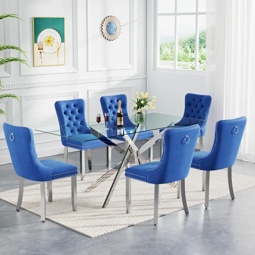 Vista 26 de SSLine Moderno juego de mesa de comedor de cristal dorado de 5 piezas para 4 mesas de cocina y sillas rectangulares de lujo de vidrio para 4, mesa