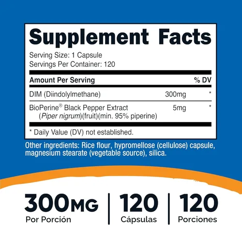 Vista 2 de Suplemento Nutricost Dim (diindolylmethane) 0.10 onzas, 120 cápsulas con Bioperine, 1 botella, 1