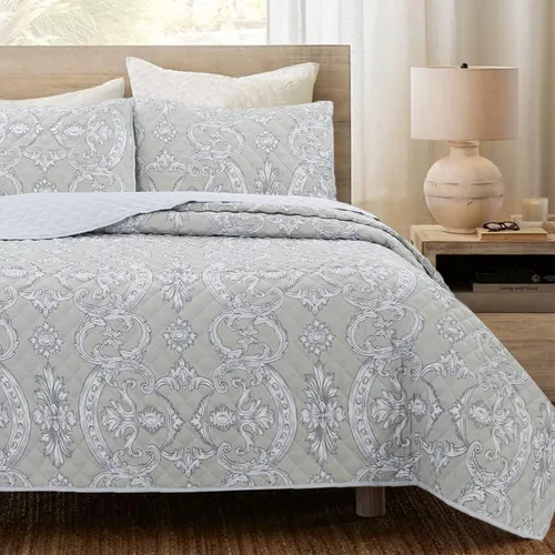 Vista 24 de Cozy Line Home Fashions Moorea - Juego de ropa de cama reversible de microfibra con retazos, gris, amarillo, coral, azul aguamarina, colcha