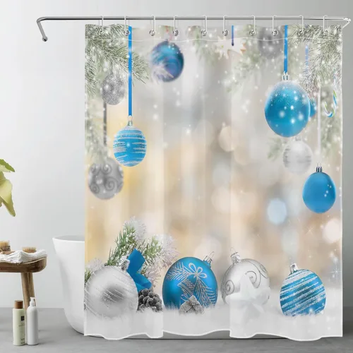 Vista 16 de LB Merry Christmas Shower Curtain Decor, Silver Blue Xmas Ball with Green Fir Branches Shower Curtain for Bathroom 60" W x 72" L Polyester Fabric