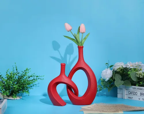 Vista 6 de WUBIANJIE - Juego de jarrones de cerámica roja - Decoración moderna boho, diseño acogedor, jarrones para sala de estar, dormitorio, mesa de café