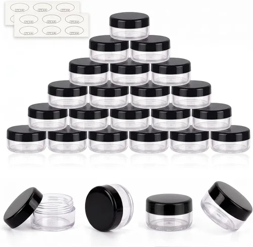 Vista 19 de Contenedores de cosméticos con tapas, tarros de loción de plástico, tarros para muestras, con tapa rosa, 0.2 oz, 25 unidades, Tarro de 3 gramos.