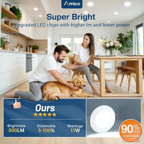Vista 3 de Amico 16 Pack 4 Inch 5CCT Ultra-Thin LED Recessed Ceiling Light with Junction Box, 2700K/3000K/3500K/4000K/5000K Selectable, 11W Eqv 70W, Dimmable