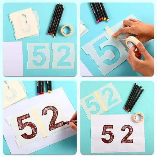 Vista 4 de Juego de 20 plantillas de bordillos de 0 a 9 números de dirección reutilizables, plantillas de números de plástico con 2 rollos de cinta adhesiva