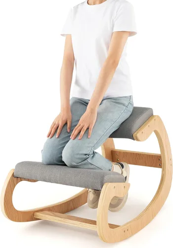 Vista 10 de GOFLAME Silla ergonómica para arrodillarse, mecedora de madera con cómodo cojín de asiento acolchado y soporte de rodilla para oficina en casa
