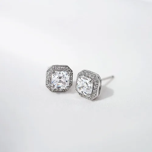 Vista 2 de Tienda Collection Platinum or Gold Plated Sterling Silver Halo Earrings set with Asscher Cut Infinite Elements Cubic Zirconia